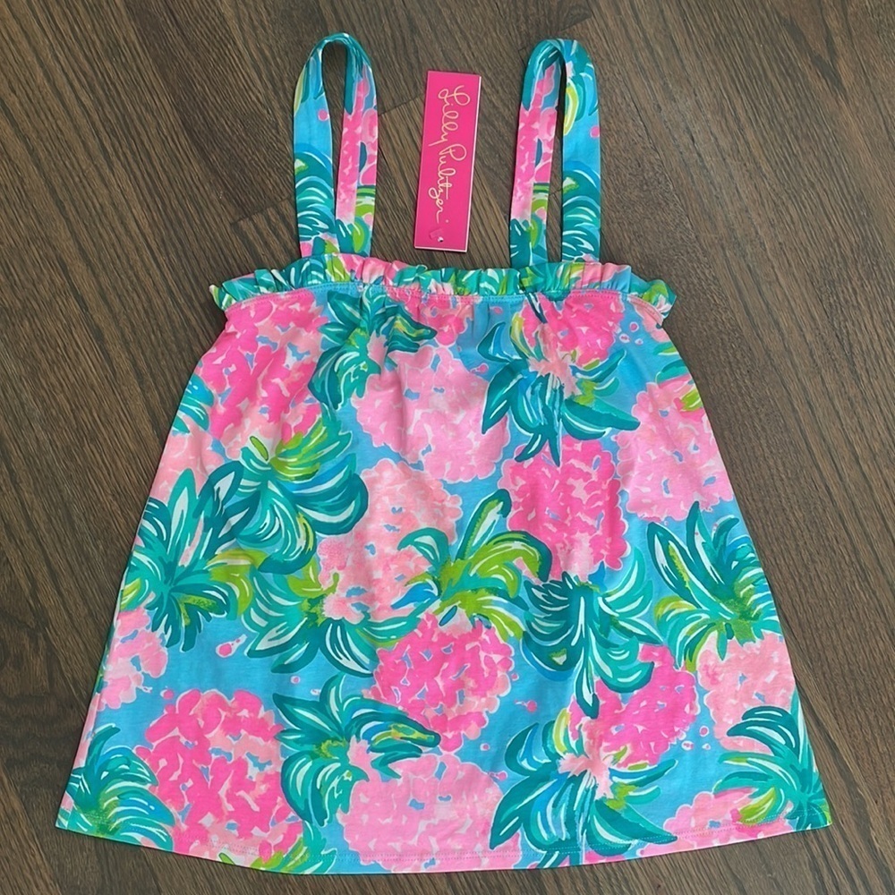 NEW Lilly Pulitzer Jia Tank Top Sz Pineapple Shake Blue Ibiza Floral Ruffle - Picture 11 of 11
